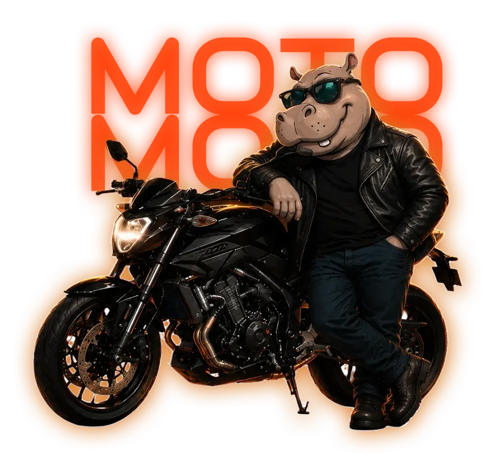 Motociclista mascote da Moto Moto sobre uma moto